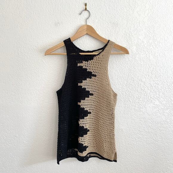 Lucky Brand Crochet Button-Back Tank Top Split Black Tan Boho Open Knit Medium - Picture 1 of 10